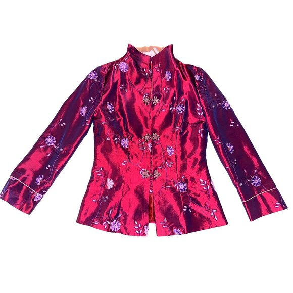 Zi Qing Ge Embroidered Floral Chinese Style Jacket Wine Purple Frog Closures LG - Picture 3 of 11